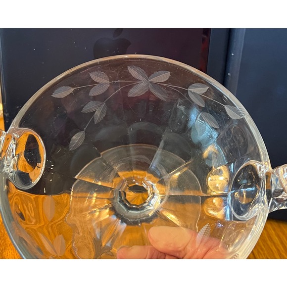 Double Handled Etched Pressed Glass Compote Candy Dish - Picture 8 of 9